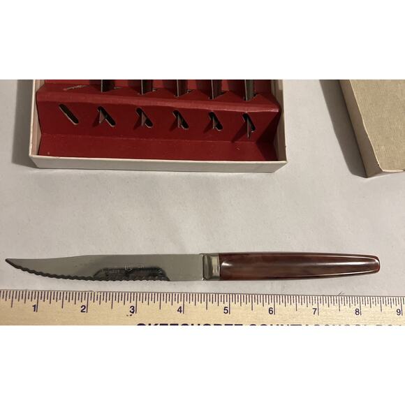 Vintage Regent Sheffield England 6 piece STEAK KNIFE SET Original Box MCM - Picture 7 of 7